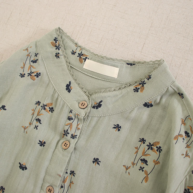 Buddha Stones Vestido midi de manga larga con cuello redondo y bolsillos, estampado floral pequeño de primavera y botones. - image 10
