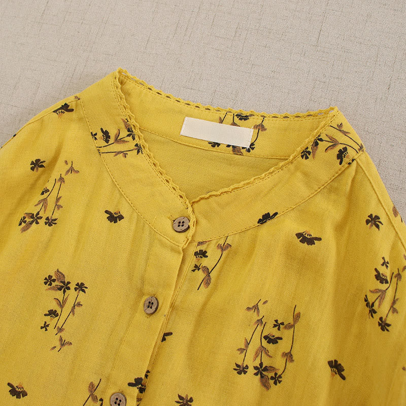 Buddha Stones Vestido midi de manga larga con cuello redondo y bolsillos, estampado floral pequeño de primavera y botones. - image 18