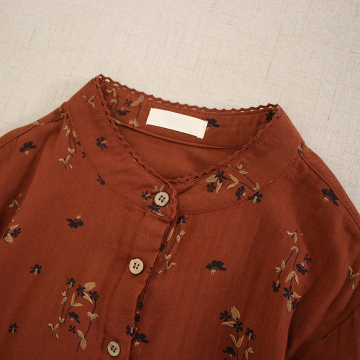 Buddha Stones Vestido midi de manga larga con cuello redondo y bolsillos, estampado floral pequeño de primavera y botones. - image 26