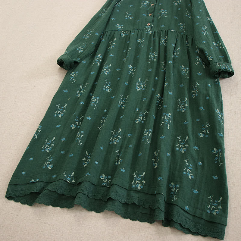 Buddha Stones Vestido midi de manga larga con cuello redondo y bolsillos, estampado floral pequeño de primavera y botones. - image 34