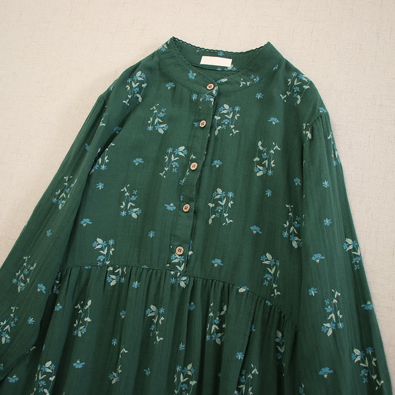 Buddha Stones Vestido midi de manga larga con cuello redondo y bolsillos, estampado floral pequeño de primavera y botones. - image 30