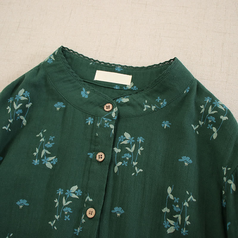 Buddha Stones Vestido midi de manga larga con cuello redondo y bolsillos, estampado floral pequeño de primavera y botones. - image 31