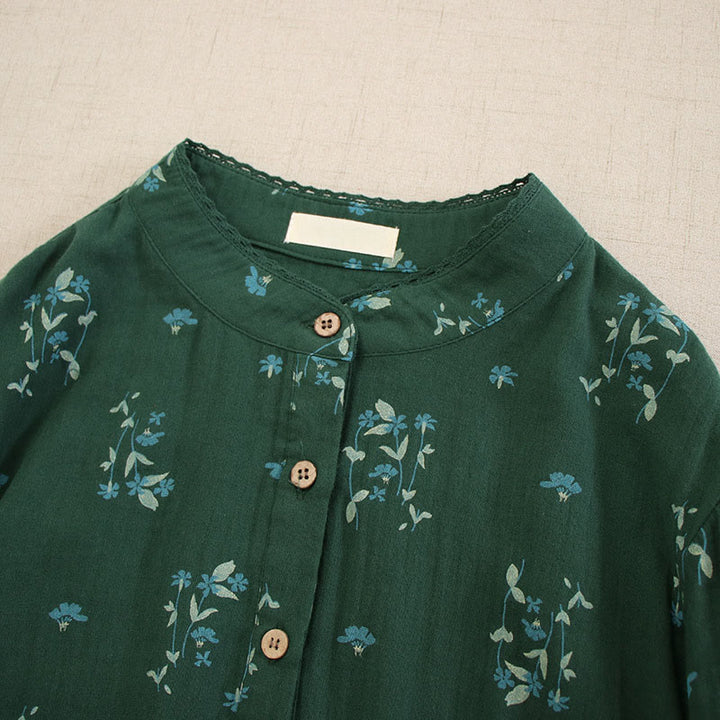 Buddha Stones Vestido midi de manga larga con cuello redondo y bolsillos, estampado floral pequeño de primavera y botones. - image 31