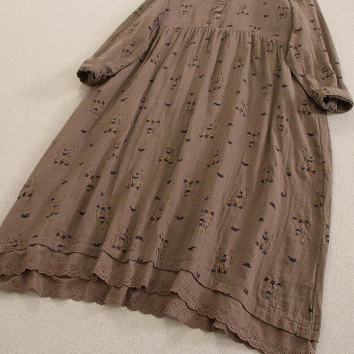 Buddha Stones Vestido midi de manga larga con cuello redondo y bolsillos, estampado floral pequeño de primavera y botones. - image 41