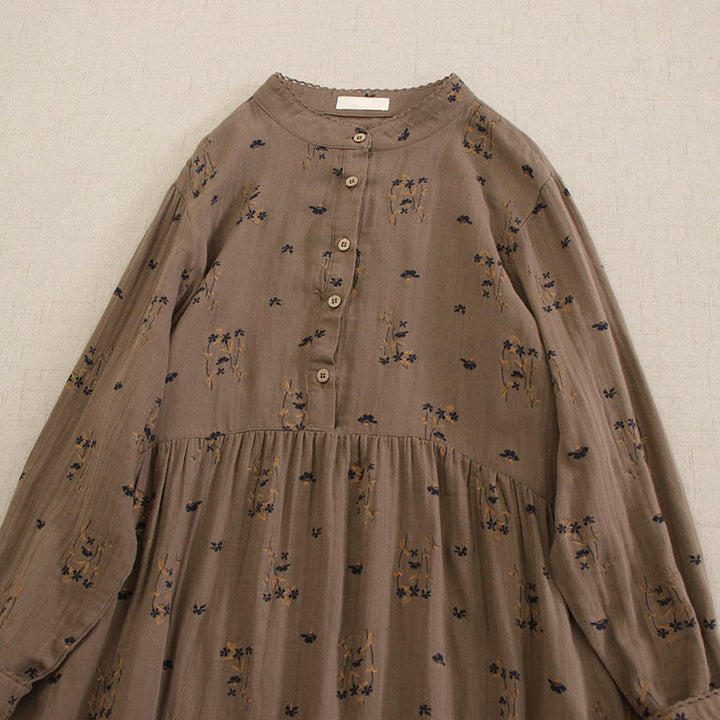Buddha Stones Vestido midi de manga larga con cuello redondo y bolsillos, estampado floral pequeño de primavera y botones. - image 37
