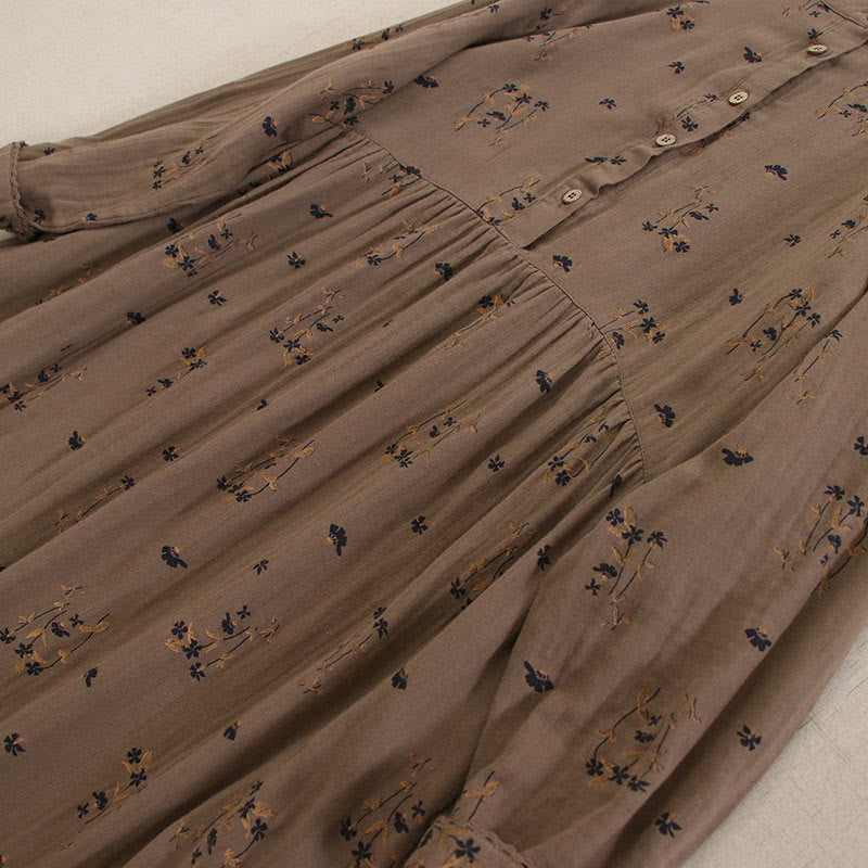 Buddha Stones Vestido midi de manga larga con cuello redondo y bolsillos, estampado floral pequeño de primavera y botones. - image 39