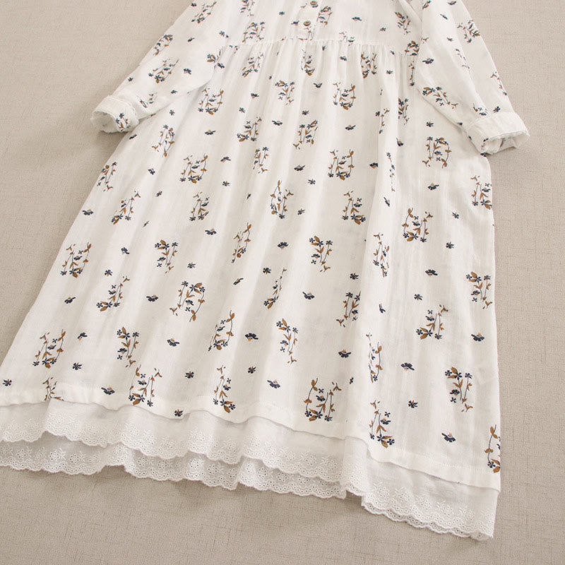Buddha Stones Vestido midi de manga larga con cuello redondo y bolsillos, estampado floral pequeño de primavera y botones. - image 50