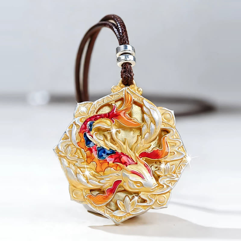 Buddha Stones Collar con colgante de la suerte tallado con pez koi de colores en plata de ley 999 - image 1