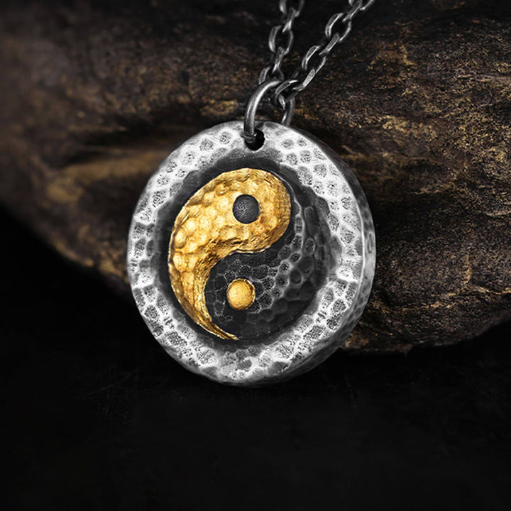 Buddha Stones Collar con colgante de cadena de acero y titanio con equilibrio Yin Yang en plata de ley 999 y oro 999 - yin y yang - image 0
