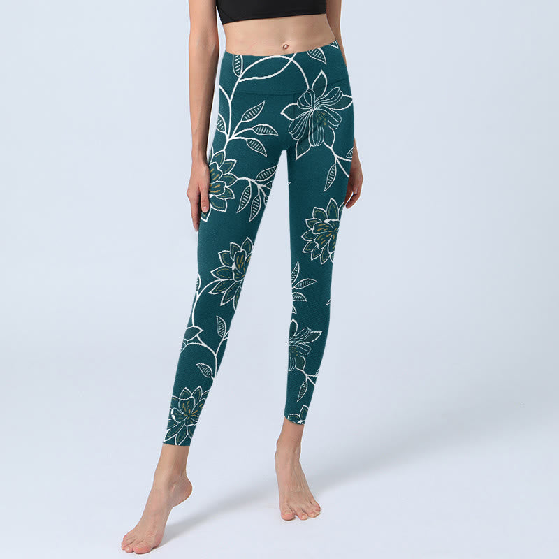 Buddha Stones Leggings de yoga para mujer con estampado retro elegante de flores y hojas - image 5