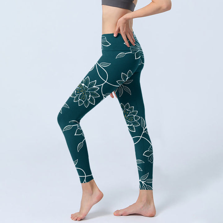 Buddha Stones Leggings de yoga para mujer con estampado retro elegante de flores y hojas - image 2