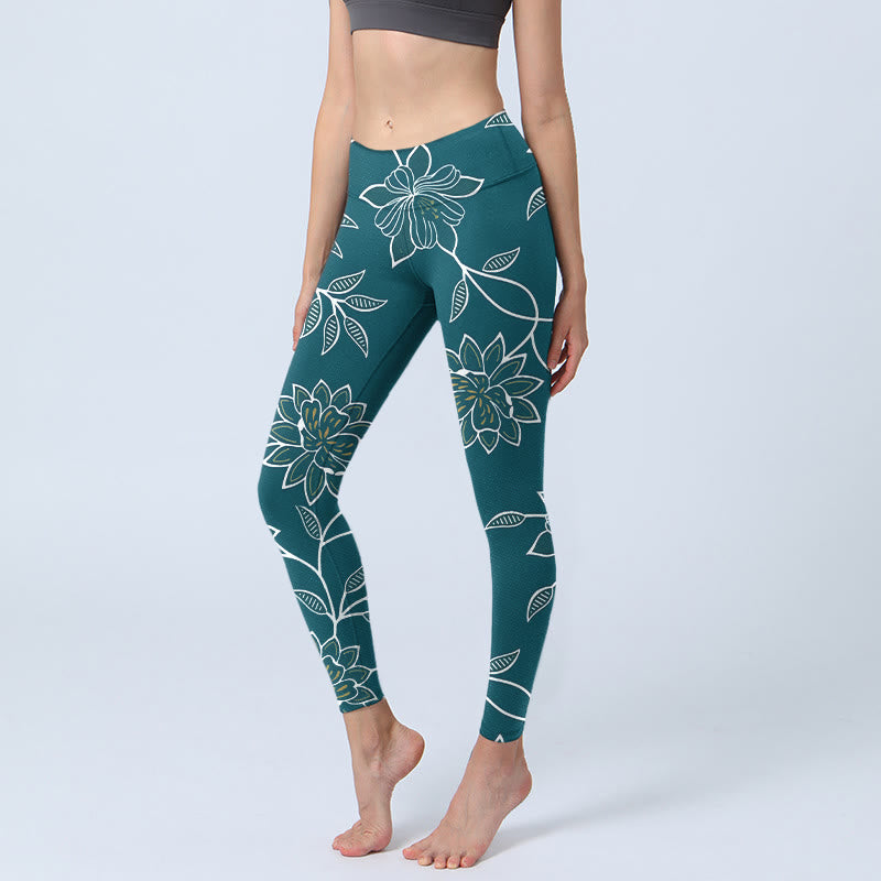Buddha Stones Leggings de yoga para mujer con estampado retro elegante de flores y hojas - Verde azulado - US18，UK/AU22，EU50 (4XL) - image 0
