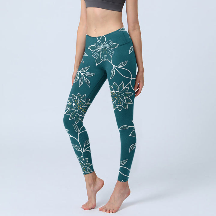 Buddha Stones Leggings de yoga para mujer con estampado retro elegante de flores y hojas - Verde azulado - US18，UK/AU22，EU50 (4XL) - image 0