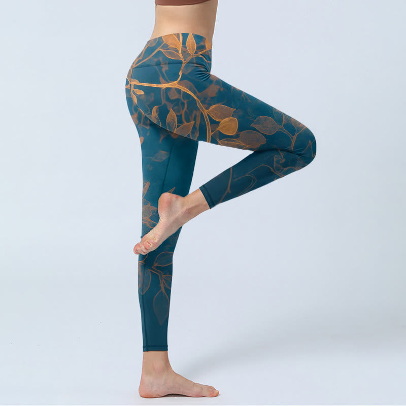 Buddha Stones Leggings de yoga para mujer con estampado de hojas elegantes - image 3
