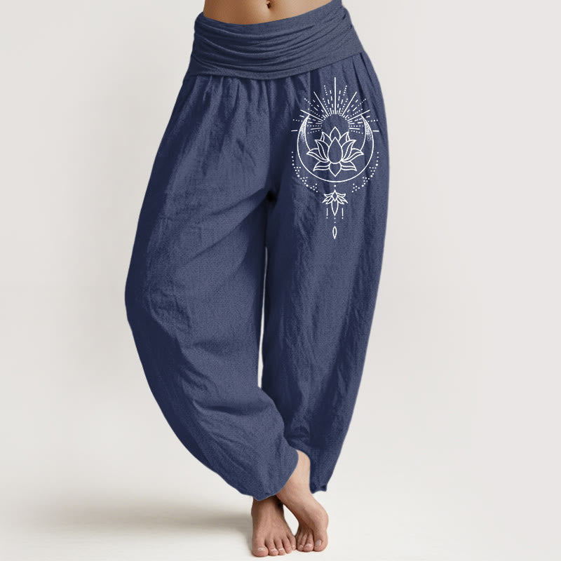 Buddha Stones Pantalones harén de algodón puro con estampado de flor de loto y cintura elástica para mujer - Azul pizarra oscuro - US16，UK/AU20，EU48 (3XL) - image 0