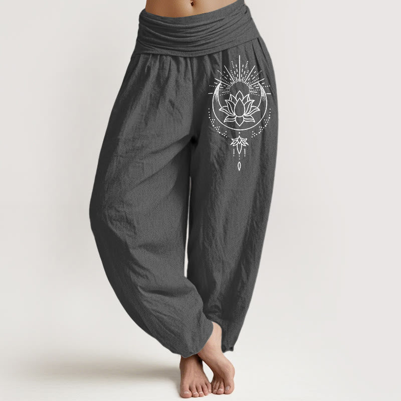 Buddha Stones Pantalones harén de algodón puro con estampado de flor de loto y cintura elástica para mujer - Gris oscuro - US16，UK/AU20，EU48 (3XL) - image 8