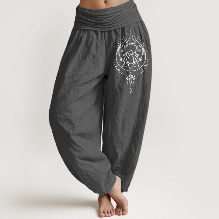 Buddha Stones Pantalones harén de algodón puro con estampado de flor de loto y cintura elástica para mujer - Gris oscuro - US16，UK/AU20，EU48 (3XL) - image 8