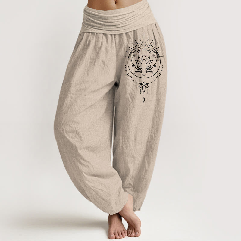 Buddha Stones Pantalones harén de algodón puro con estampado de flor de loto y cintura elástica para mujer - Broncearse - US16，UK/AU20，EU48 (3XL) - image 11