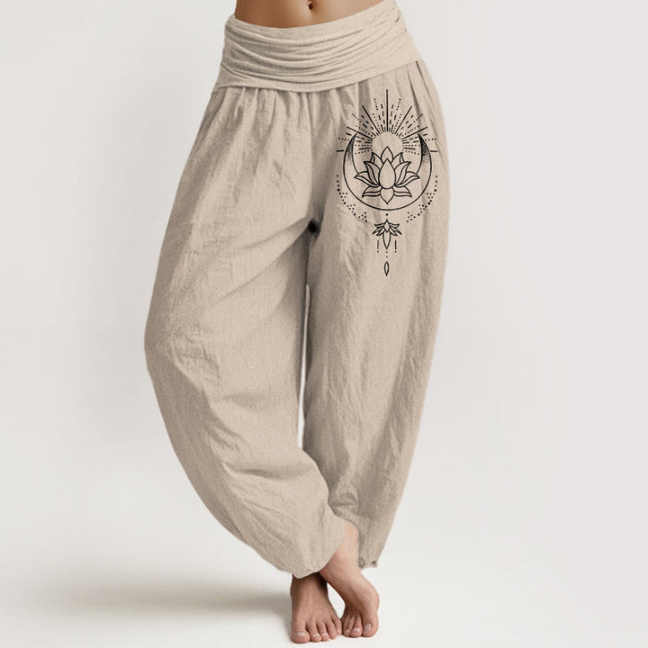 Buddha Stones Pantalones harén de algodón puro con estampado de flor de loto y cintura elástica para mujer - Broncearse - US16，UK/AU20，EU48 (3XL) - image 11