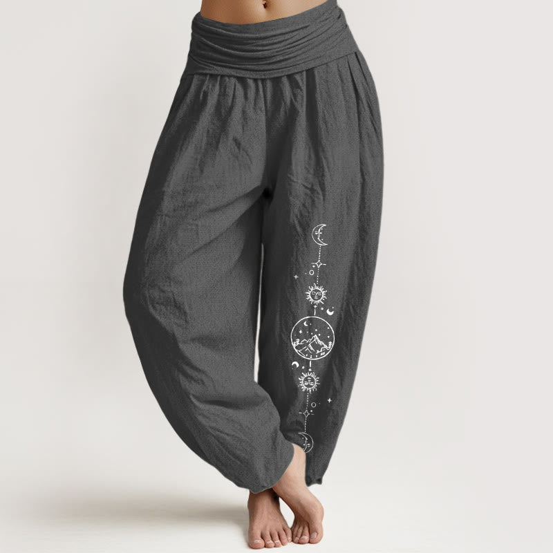 Buddha Stones Pantalones harén de algodón puro con diseño minimalista, estampado de luna, sol, estrella y montaña, con cintura elástica para mujer - Gris oscuro - US16，UK/AU20，EU48 (3XL) - image 0