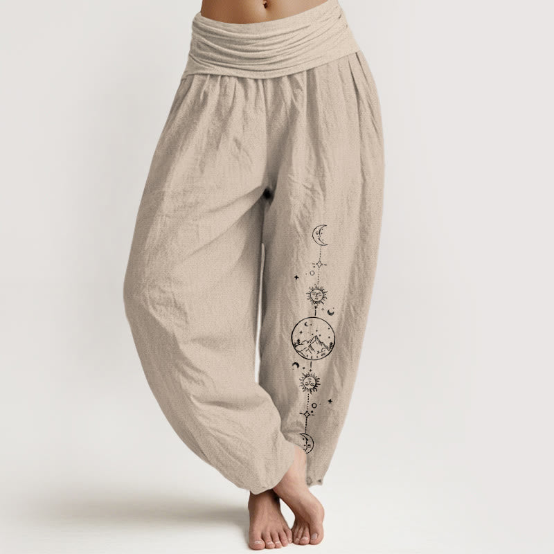 Buddha Stones Pantalones harén de algodón puro con diseño minimalista, estampado de luna, sol, estrella y montaña, con cintura elástica para mujer - Broncearse - US16，UK/AU20，EU48 (3XL) - image 11