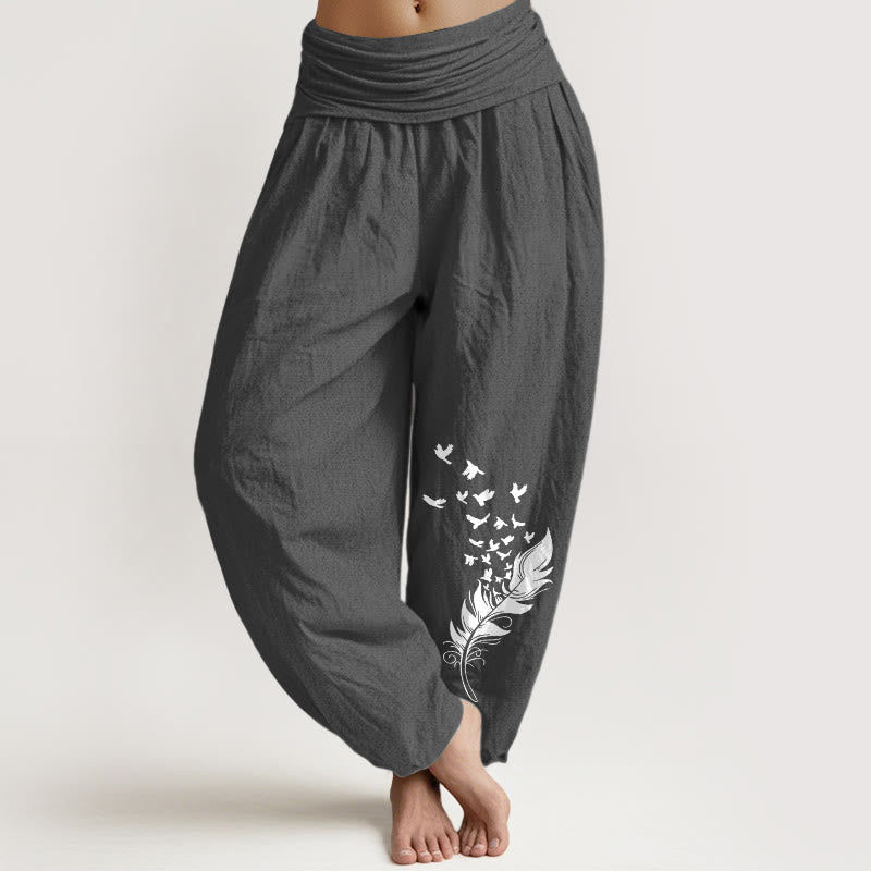 Buddha Stones Pantalones harén de algodón puro con estampado de plumas de pájaro vívidas para mujer, cintura elástica - Gris oscuro - US16，UK/AU20，EU48 (3XL) - image 0