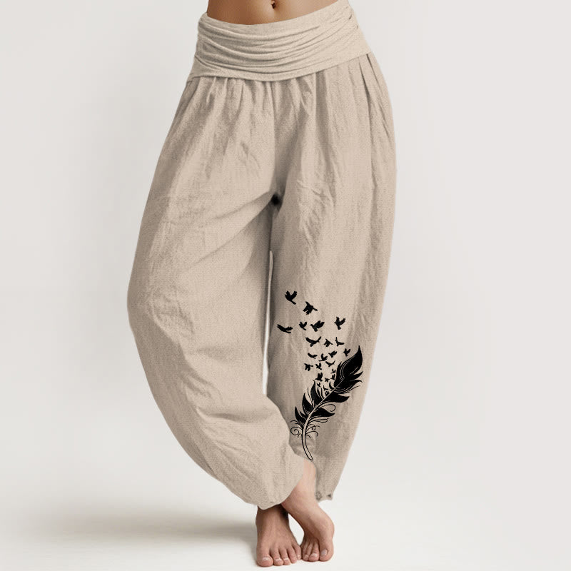 Buddha Stones Pantalones harén de algodón puro con estampado de plumas de pájaro vívidas para mujer, cintura elástica - Broncearse - US16，UK/AU20，EU48 (3XL) - image 11