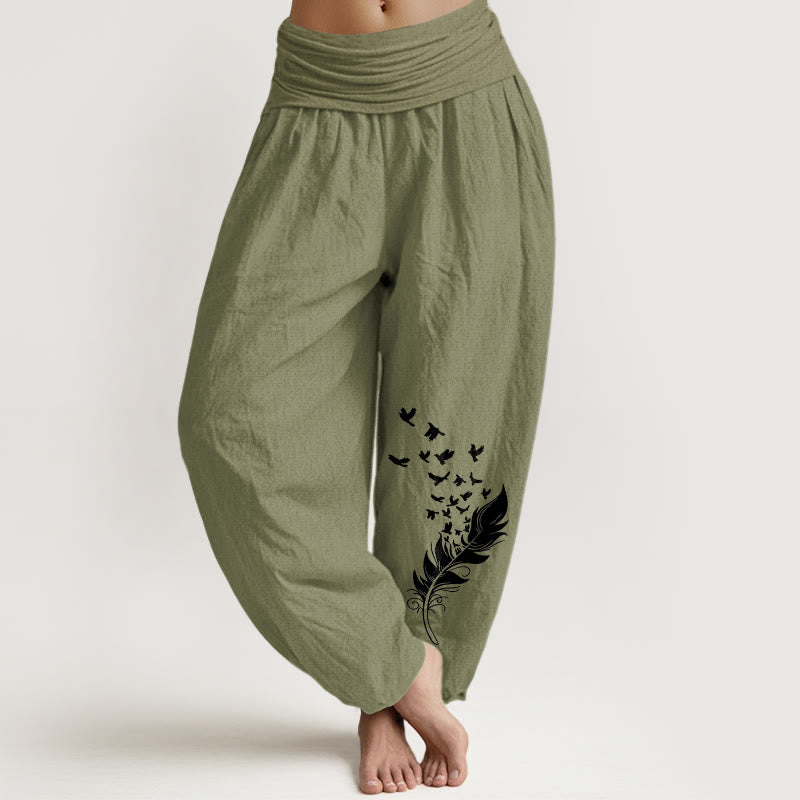Buddha Stones Pantalones harén de algodón puro con estampado de plumas de pájaro vívidas para mujer, cintura elástica - Verde oliva - US16，UK/AU20，EU48 (3XL) - image 14
