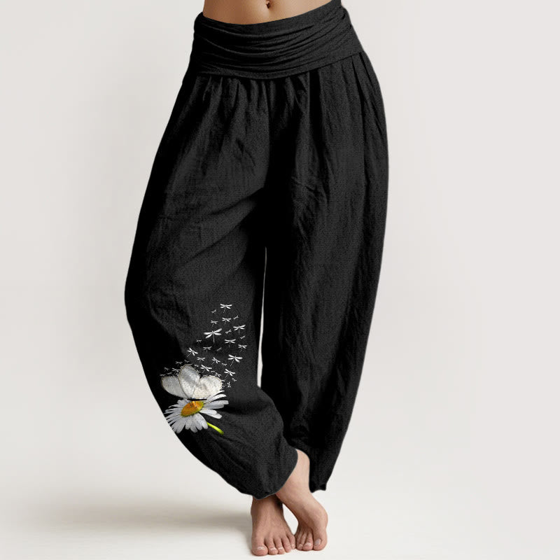 Buddha Stones Pantalones harén de algodón puro con estampado de margaritas, mariposas y libélulas para mujer, cintura elástica - Negro - US16，UK/AU20，EU48 (3XL) - image 5