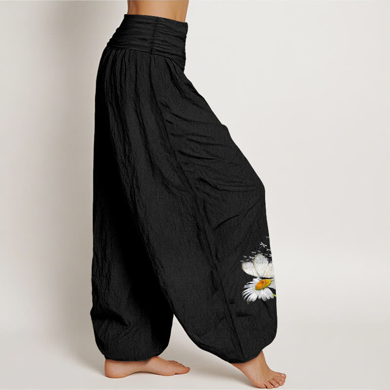 Buddha Stones Pantalones harén de algodón puro con estampado de margaritas, mariposas y libélulas para mujer, cintura elástica - image 7
