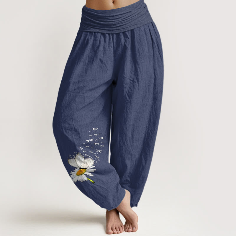 Buddha Stones Pantalones harén de algodón puro con estampado de margaritas, mariposas y libélulas para mujer, cintura elástica - Azul pizarra oscuro - US16，UK/AU20，EU48 (3XL) - image 8