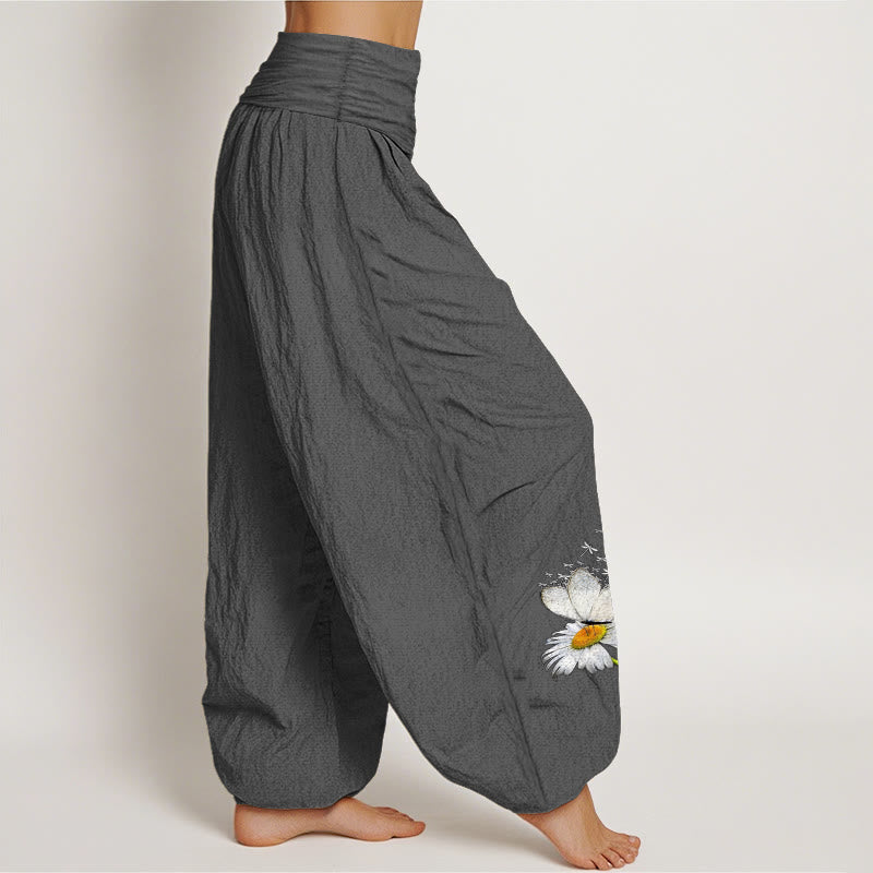 Buddha Stones Pantalones harén de algodón puro con estampado de margaritas, mariposas y libélulas para mujer, cintura elástica - image 13