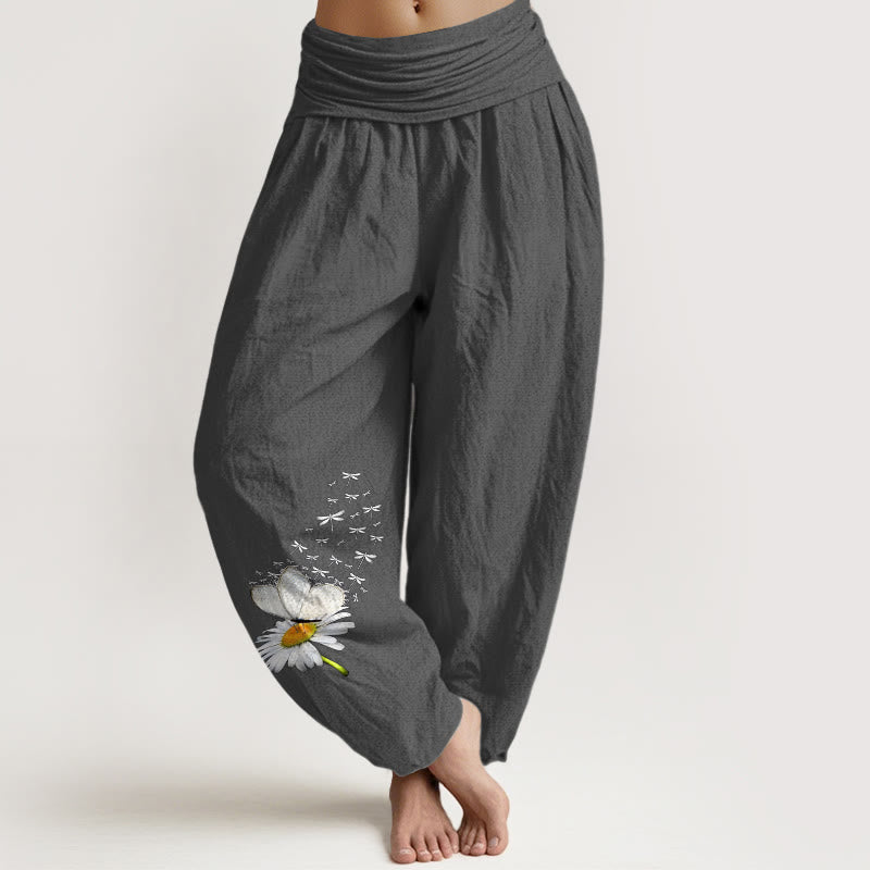 Buddha Stones Pantalones harén de algodón puro con estampado de margaritas, mariposas y libélulas para mujer, cintura elástica - Gris oscuro - US16，UK/AU20，EU48 (3XL) - image 11