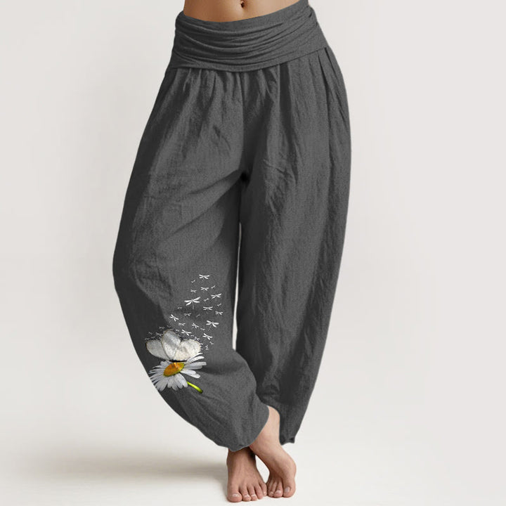 Buddha Stones Pantalones harén de algodón puro con estampado de margaritas, mariposas y libélulas para mujer, cintura elástica - Gris oscuro - US16，UK/AU20，EU48 (3XL) - image 11