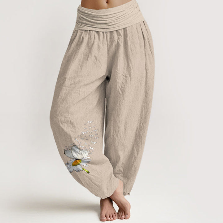 Buddha Stones Pantalones harén de algodón puro con estampado de margaritas, mariposas y libélulas para mujer, cintura elástica - Broncearse - US16，UK/AU20，EU48 (3XL) - image 14