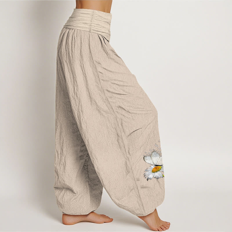 Buddha Stones Pantalones harén de algodón puro con estampado de margaritas, mariposas y libélulas para mujer, cintura elástica - image 15