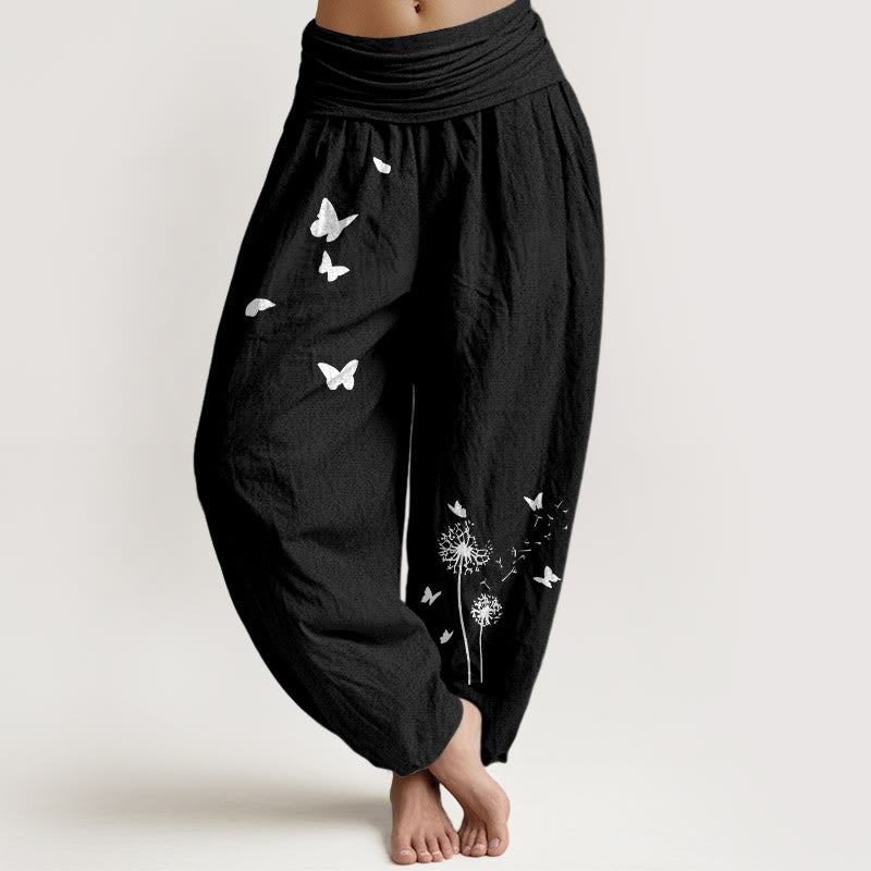 Buddha Stones Pantalones harén de algodón puro con cintura elástica y estampado de mariposas y diente de león para mujer - Negro - US16，UK/AU20，EU48 (3XL) - image 0