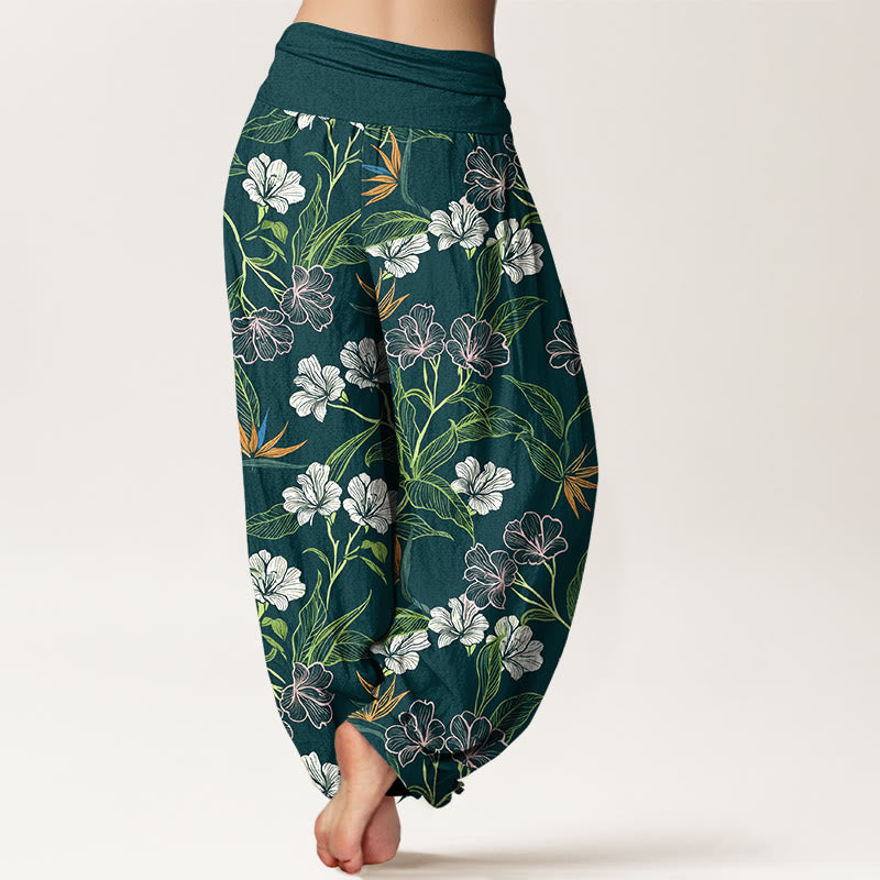 Buddha Stones Pantalones harén de algodón con cintura elástica y estampado de hojas y flores en colores contrastantes para mujer - image 1