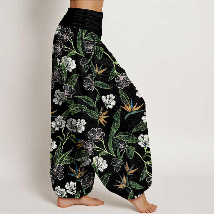 Buddha Stones Pantalones harén de algodón con cintura elástica y estampado de hojas y flores en colores contrastantes para mujer - image 7