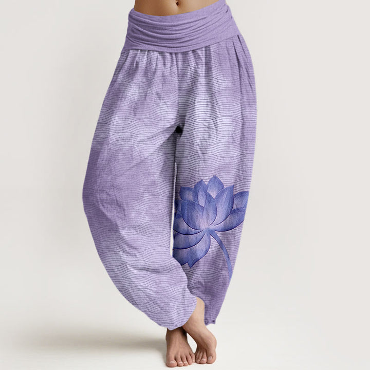 Buddha Stones Pantalones harén de algodón con cintura elástica para mujer, estampado de líneas onduladas de loto en color claro - Morado medio - US16，UK/AU20，EU48 (3XL) - image 5