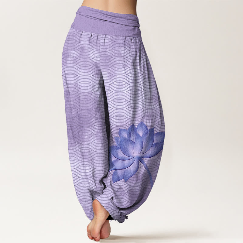 Buddha Stones Pantalones harén de algodón con cintura elástica para mujer, estampado de líneas onduladas de loto en color claro - image 6