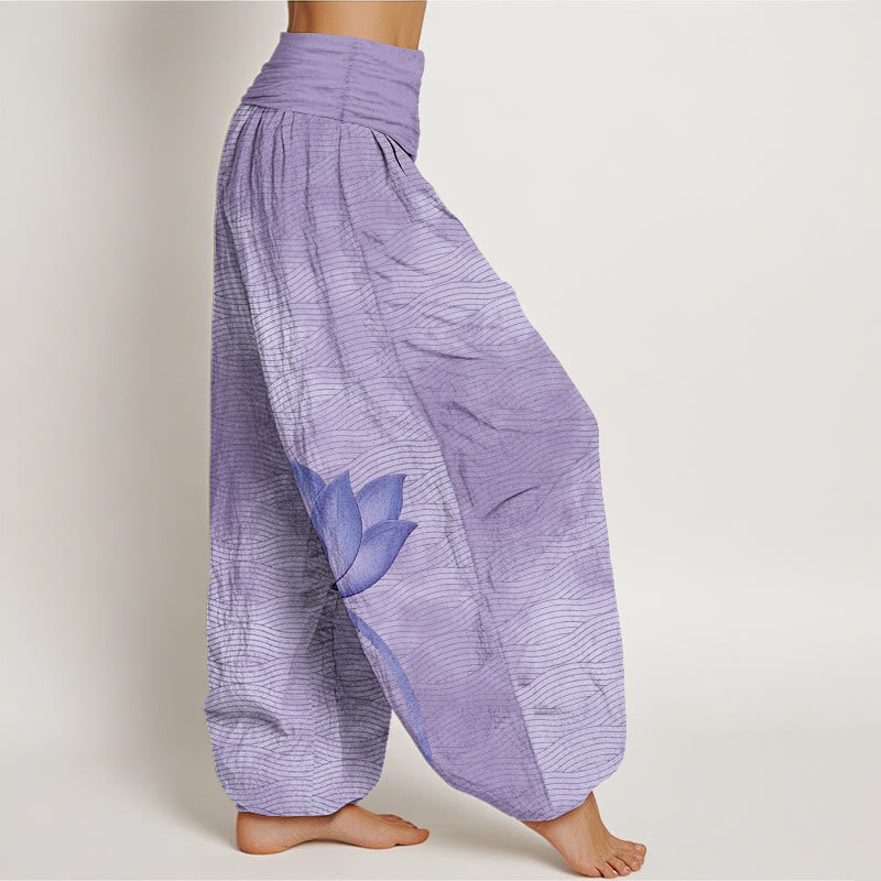 Buddha Stones Pantalones harén de algodón con cintura elástica para mujer, estampado de líneas onduladas de loto en color claro - image 7