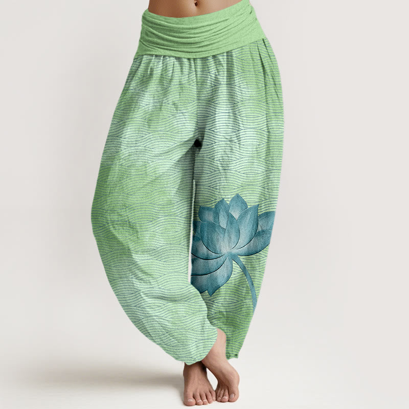 Buddha Stones Pantalones harén de algodón con cintura elástica para mujer, estampado de líneas onduladas de loto en color claro - Verde claro - US16，UK/AU20，EU48 (3XL) - image 8
