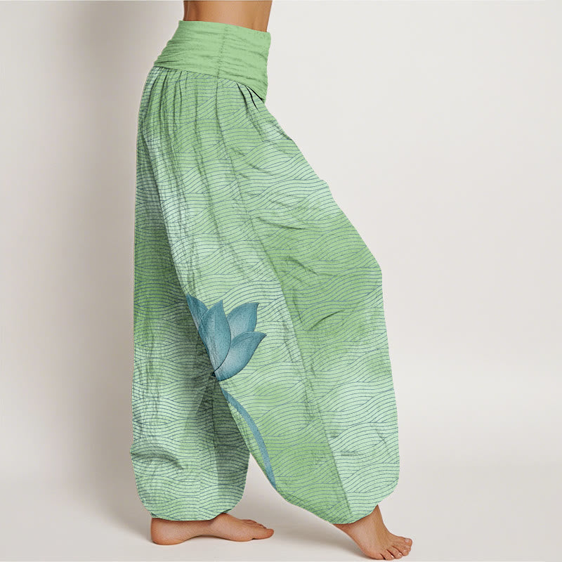 Buddha Stones Pantalones harén de algodón con cintura elástica para mujer, estampado de líneas onduladas de loto en color claro - image 10