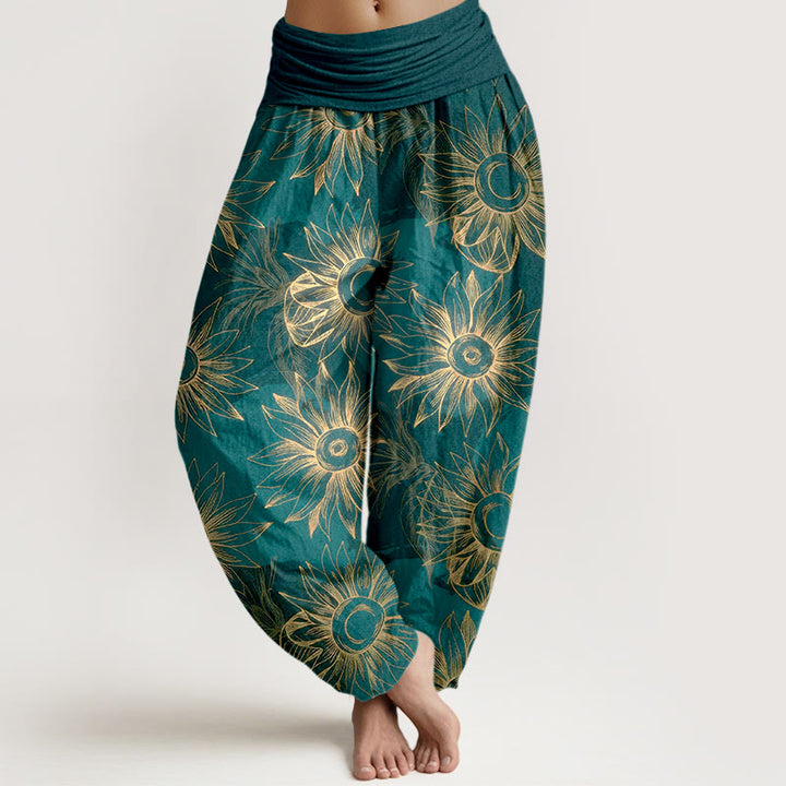 Buddha Stones Pantalones harén de algodón con estampado floral retro y cintura elástica para mujer - Cian oscuro - US16，UK/AU20，EU48 (3XL) - image 0
