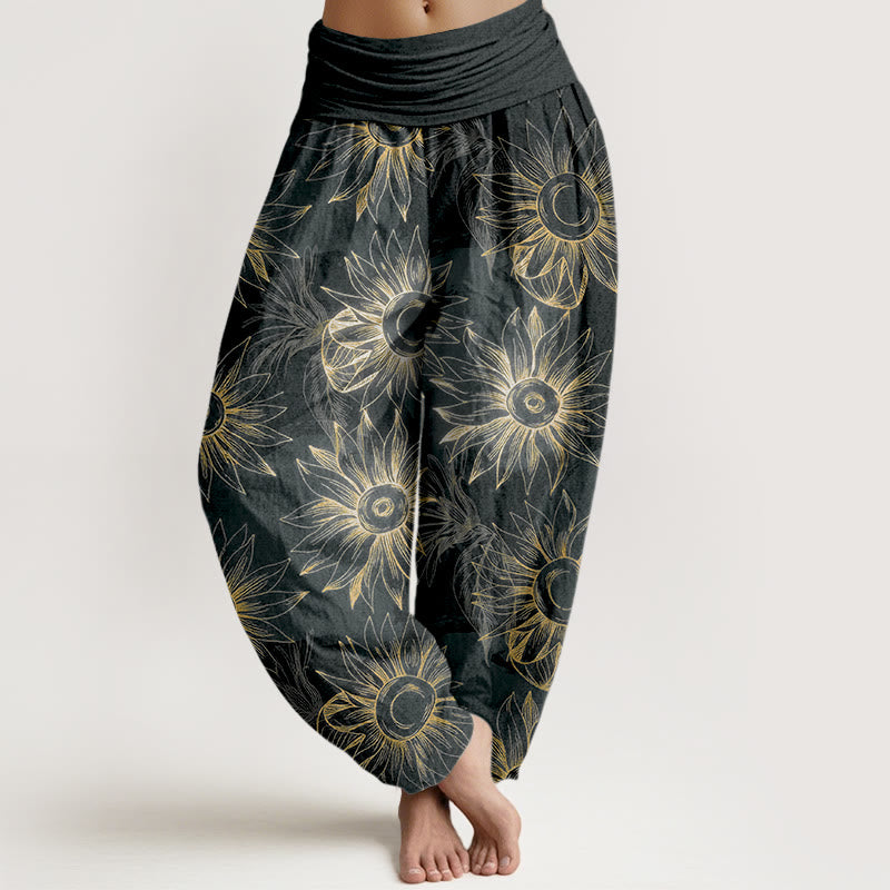 Buddha Stones Pantalones harén de algodón con estampado floral retro y cintura elástica para mujer - Negro - US16，UK/AU20，EU48 (3XL) - image 5