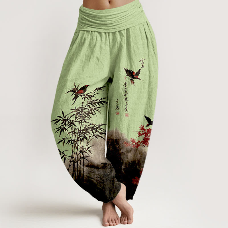 Buddha Stones Pantalones harén de algodón con estampado clásico de flores de bambú y pájaros para mujer, cintura elástica - Verde claro - US16，UK/AU20，EU48 (3XL) - image 5