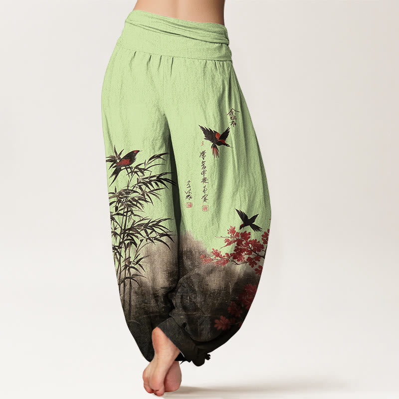 Buddha Stones Pantalones harén de algodón con estampado clásico de flores de bambú y pájaros para mujer, cintura elástica - image 6