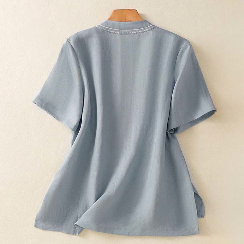 Buddha Stones Camisa de algodón con cuello alto, manga corta, lisa, con botones de rana y bolsillo para mujer de verano - image 2
