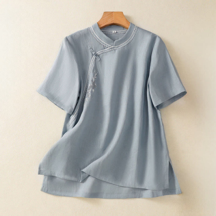 Buddha Stones Camisa de algodón con cuello alto, manga corta, lisa, con botones de rana y bolsillo para mujer de verano - Azul acero claro - US8-10，UK/AU12-14，EU40-42 (2XL) - image 0